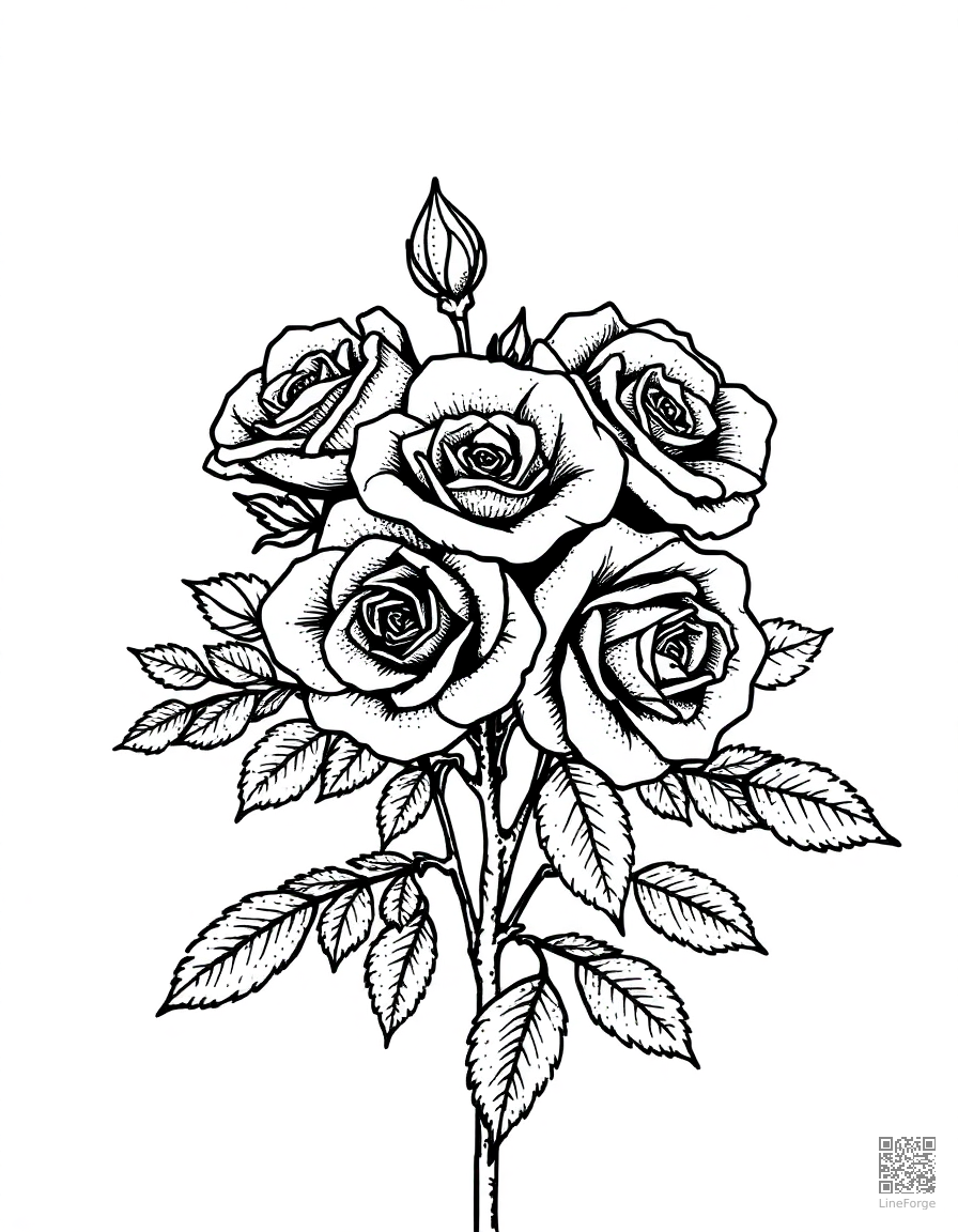 Free a bouquet of roses with thorns and leaves coloring page in stipple style — printable line art