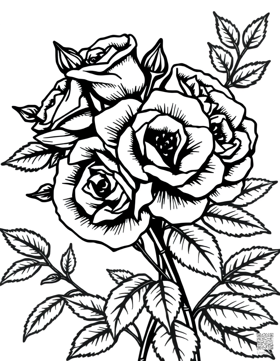 A bouquet of roses with thorns and leaves coloring page Woodcut style - free printable