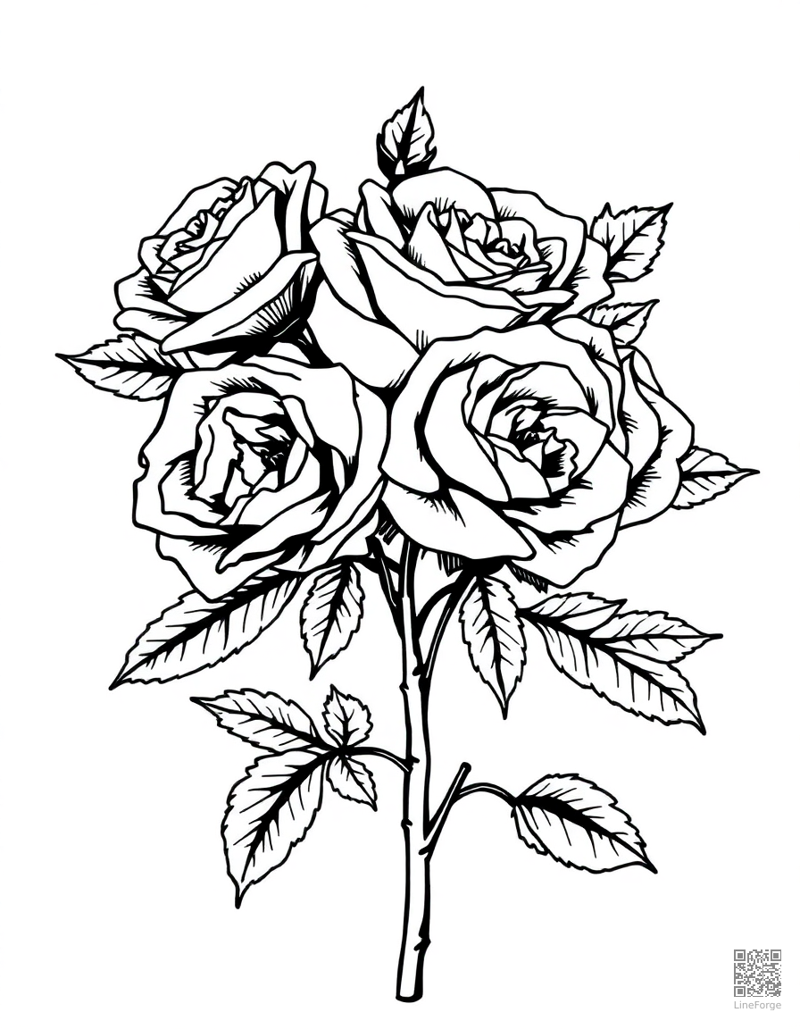 Free a bouquet of roses with thorns and leaves coloring page in woodcut style — printable line art