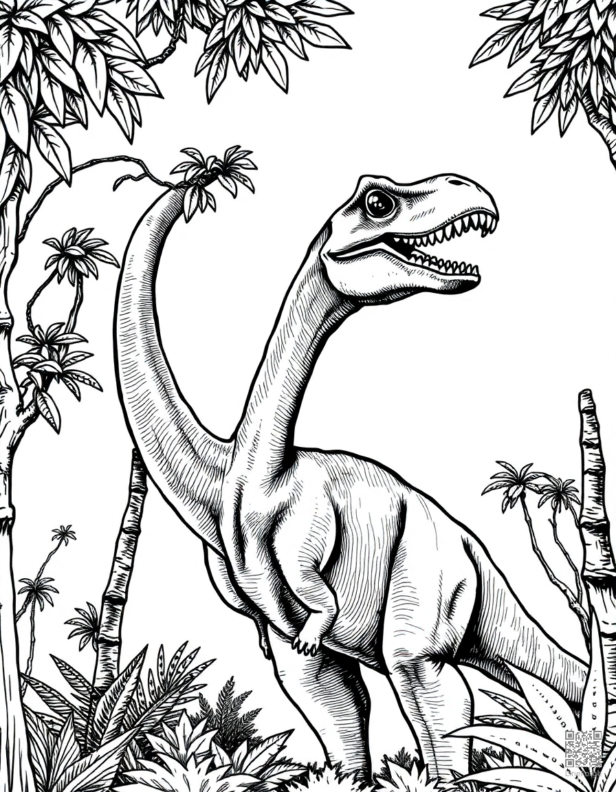 A brachiosaurus reaching for leaves in treetops coloring page Crosshatch style - free printable