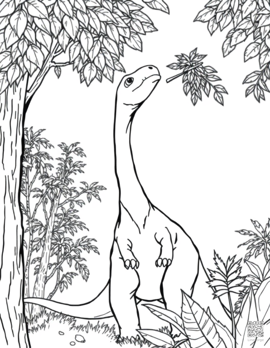 A brachiosaurus reaching for leaves in treetops coloring page Manga style - free printable