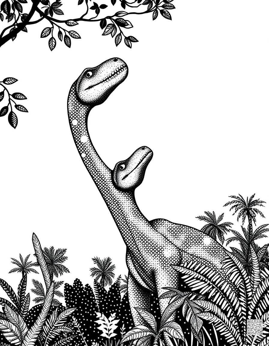 A brachiosaurus reaching for leaves in treetops coloring page Stipple style - free printable