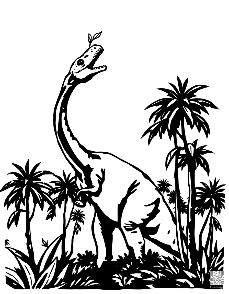 A brachiosaurus reaching for leaves in treetops coloring page Woodcut style - free printable
