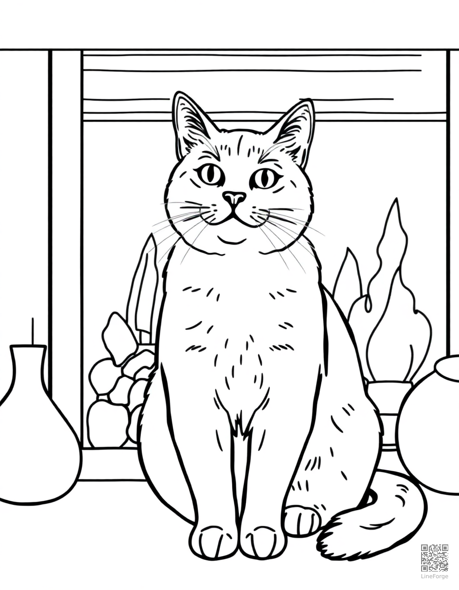 A british shorthair cat sitting by a fireplace coloring page Contour style - free printable