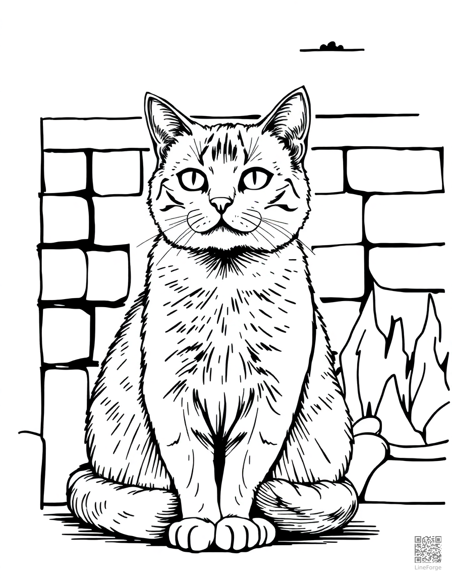 A british shorthair cat sitting by a fireplace coloring page Crosshatch style - free printable