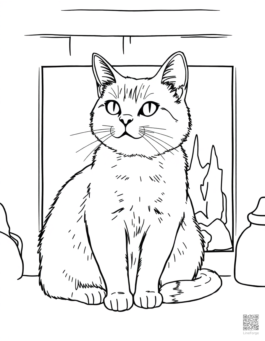 A british shorthair cat sitting by a fireplace coloring page Manga style - free printable