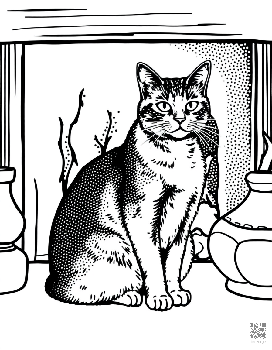 A british shorthair cat sitting by a fireplace coloring page Stipple style - free printable