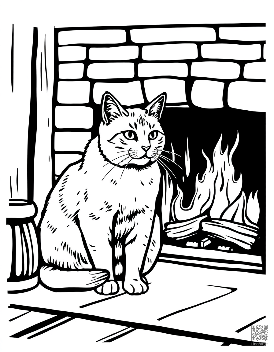 A british shorthair cat sitting by a fireplace coloring page Woodcut style - free printable