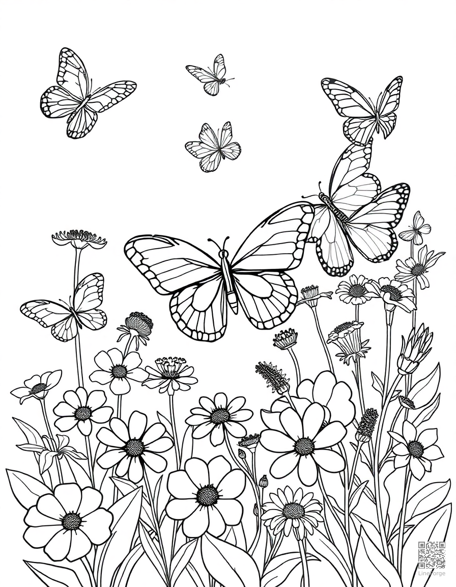 A butterfly garden with multiple species and flowers coloring page Contour style - free printable