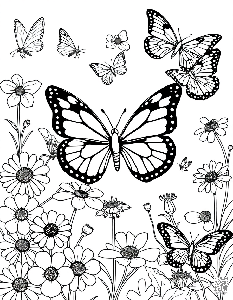 A butterfly garden with multiple species and flowers coloring page Contour style - free printable