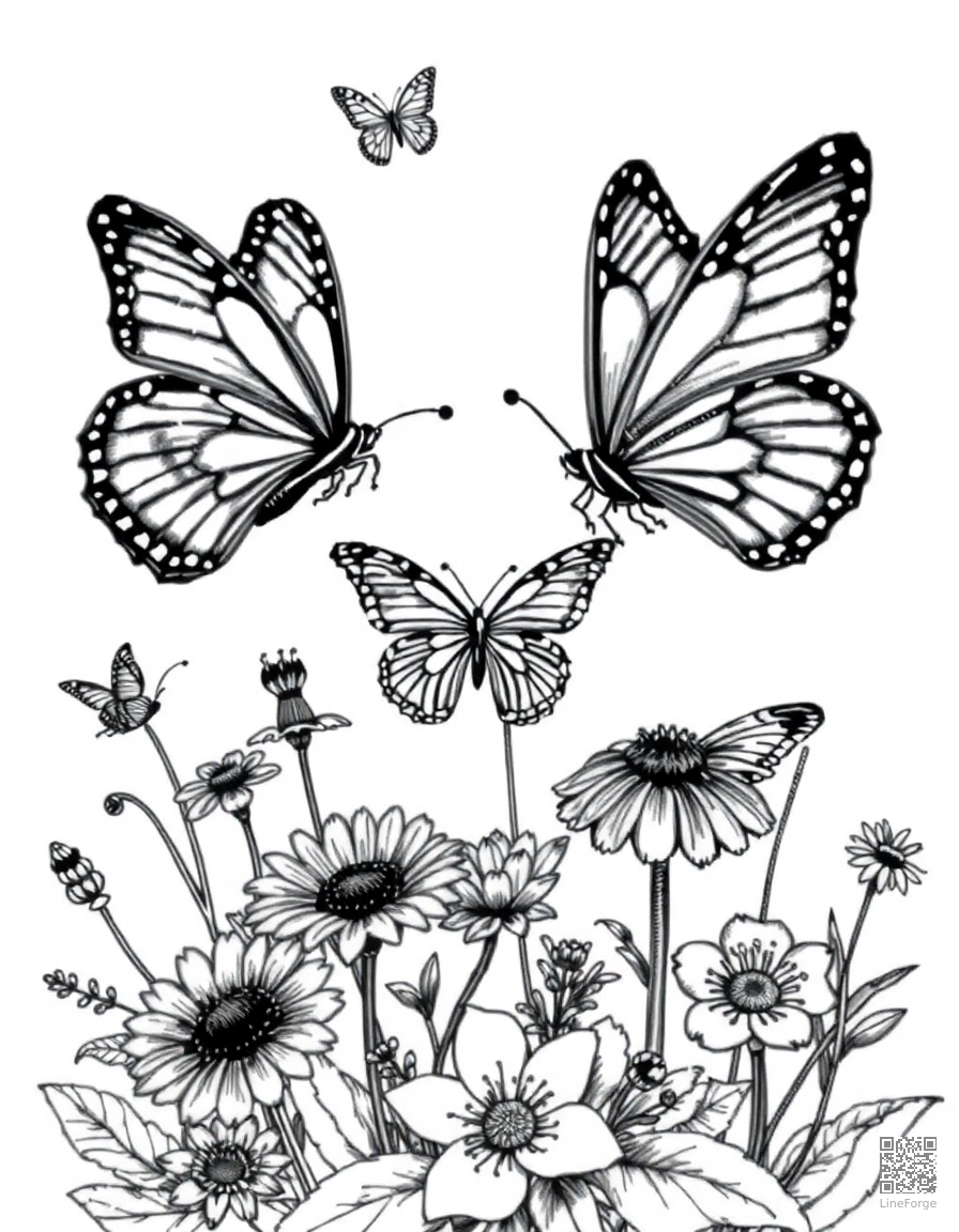 A butterfly garden with multiple species and flowers coloring page Crosshatch style free printable
