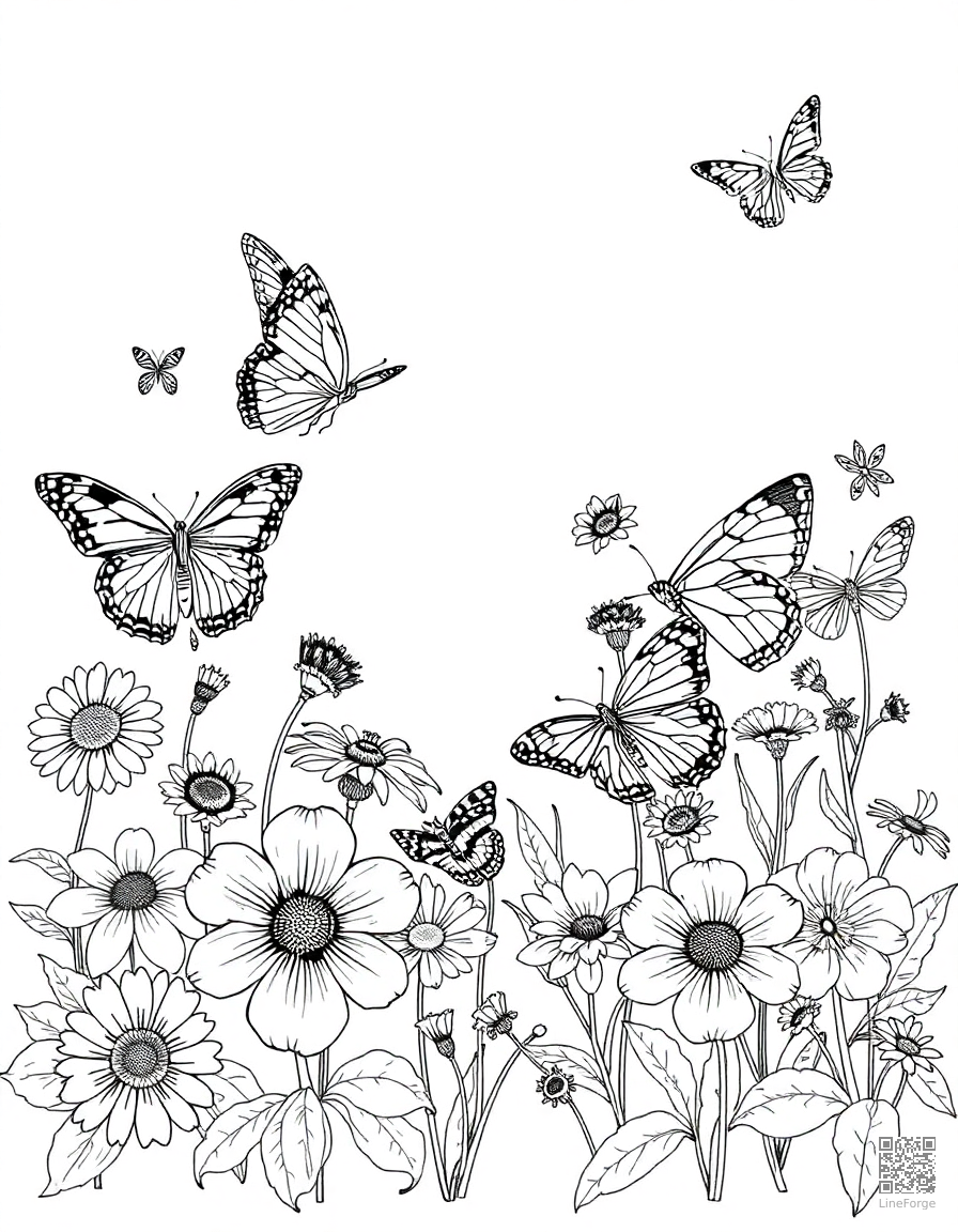 A butterfly garden with multiple species and flowers coloring page Crosshatch style free printable