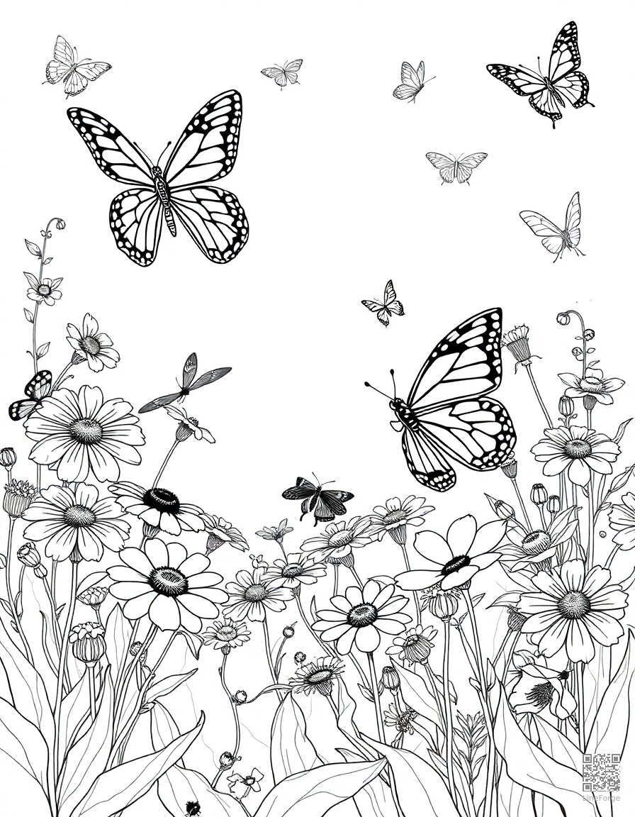 A butterfly garden with multiple species and flowers coloring page Manga style free printable