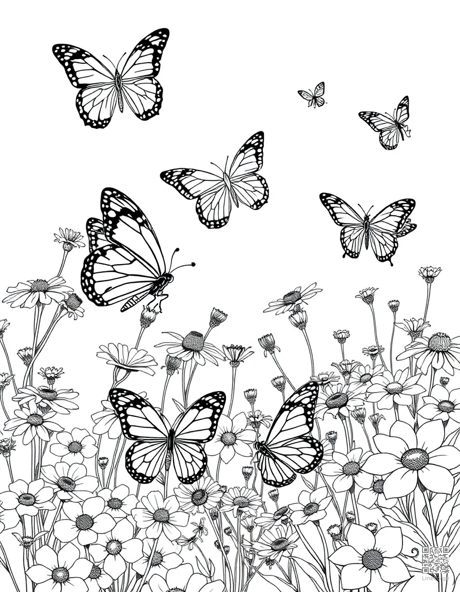 A butterfly garden with multiple species and flowers coloring page Manga style free printable