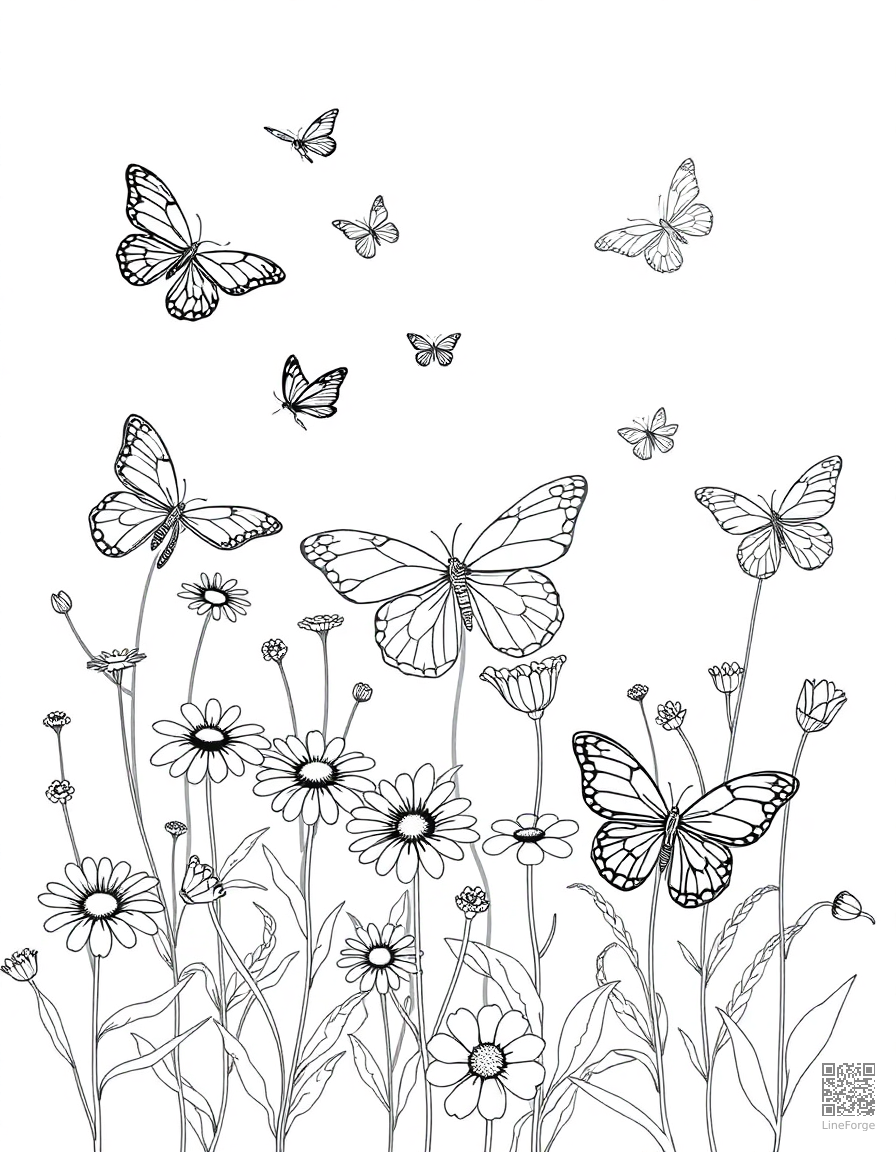 Free a butterfly garden with multiple species and flowers coloring page in minimal style — printable line art