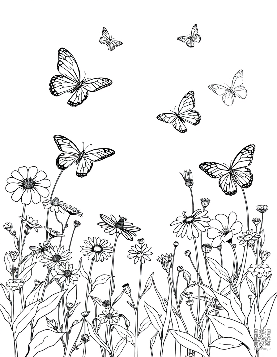 A butterfly garden with multiple species and flowers coloring page Minimal style - free printable