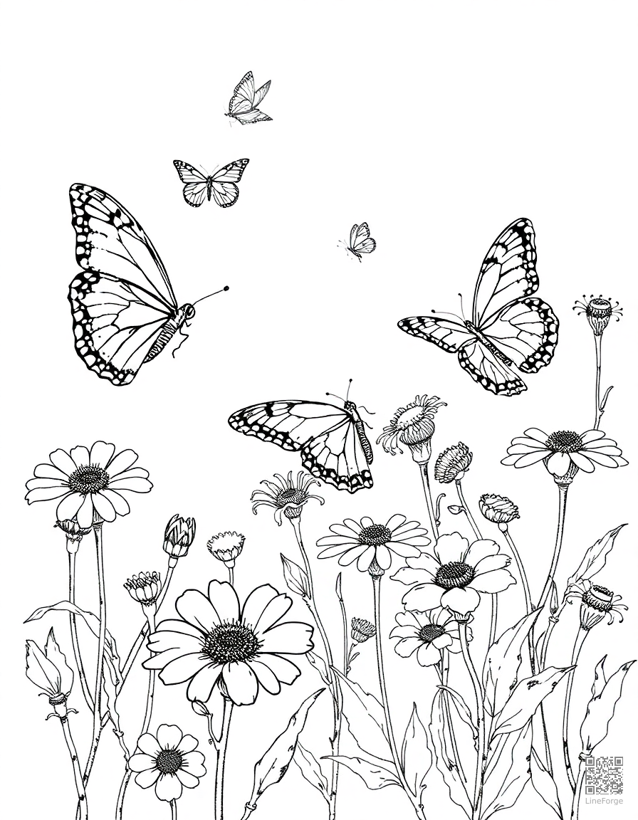 A butterfly garden with multiple species and flowers coloring page Stipple style free printable