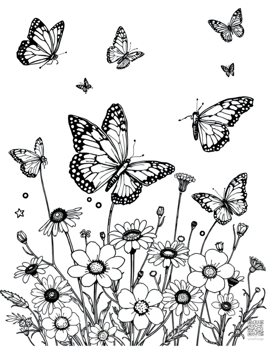 A butterfly garden with multiple species and flowers coloring page Stipple style free printable