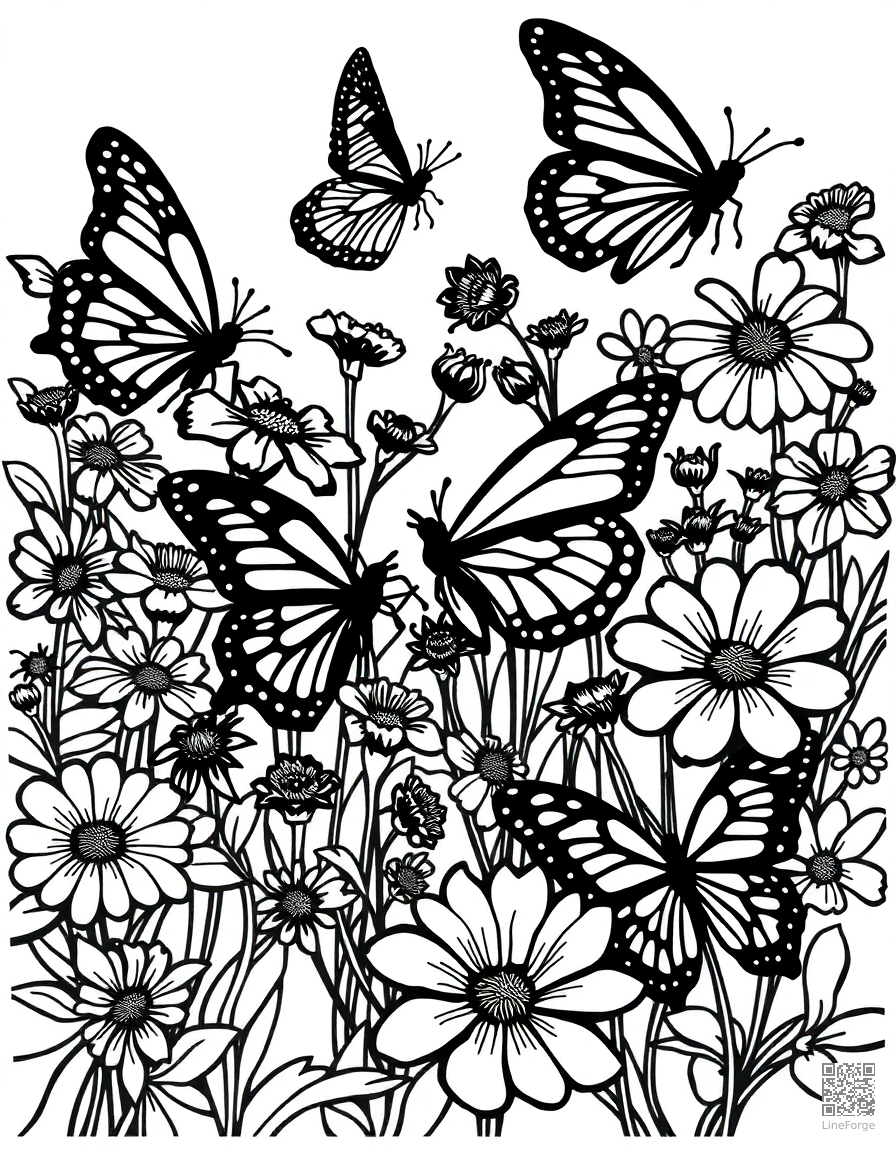 A butterfly garden with multiple species and flowers coloring page Woodcut style free printable