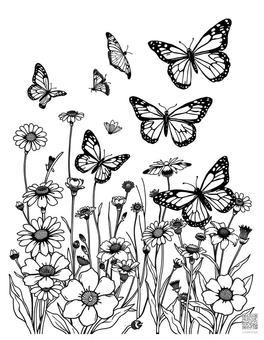 A butterfly garden with multiple species and flowers coloring page Woodcut style free printable