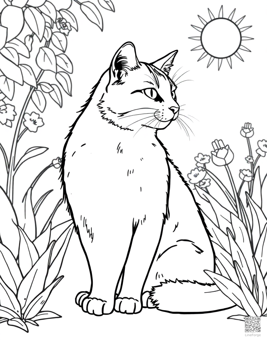 A calico cat sitting in a sunny garden coloring page Contour style - free printable