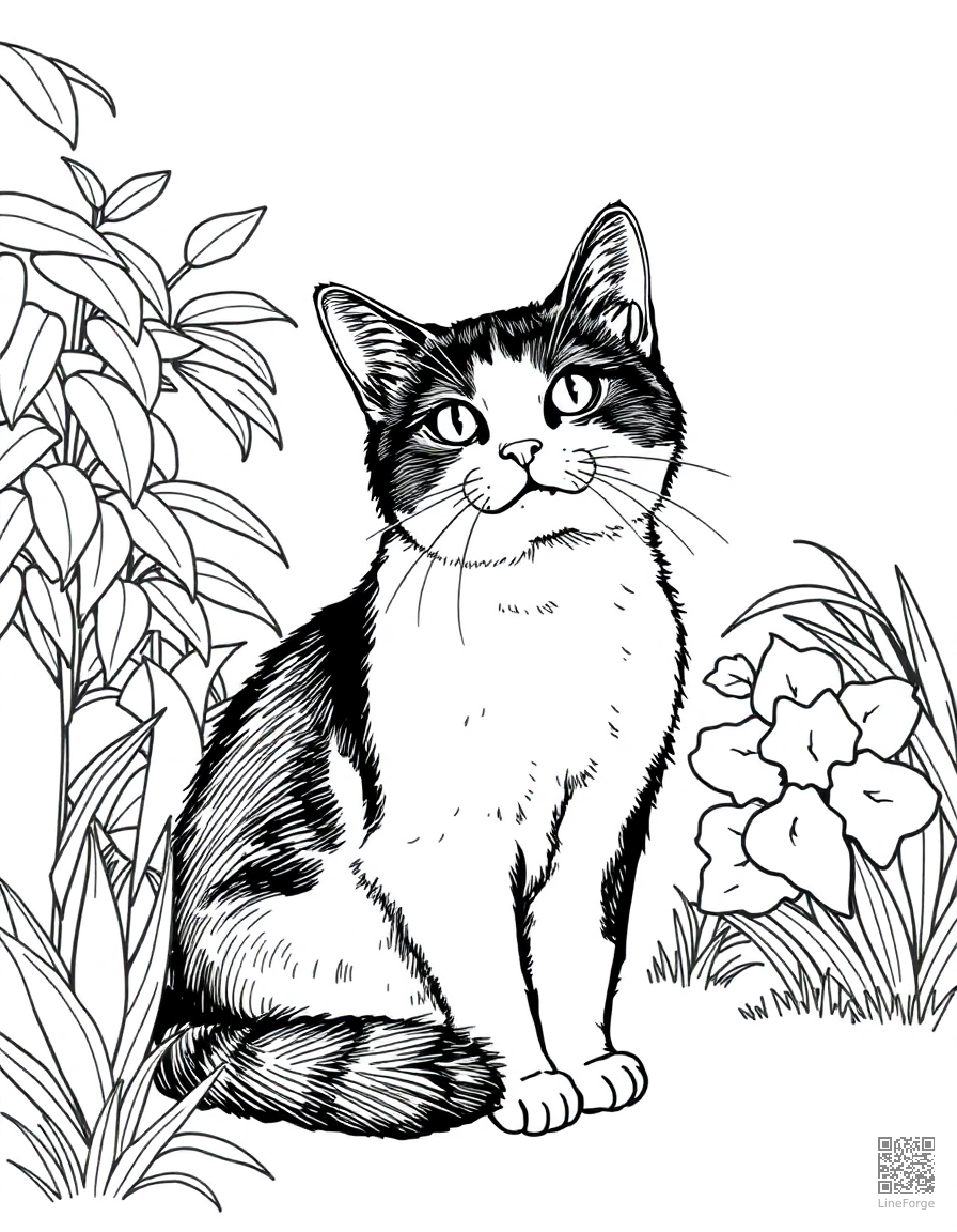 A calico cat sitting in a sunny garden coloring page Crosshatch style - free printable