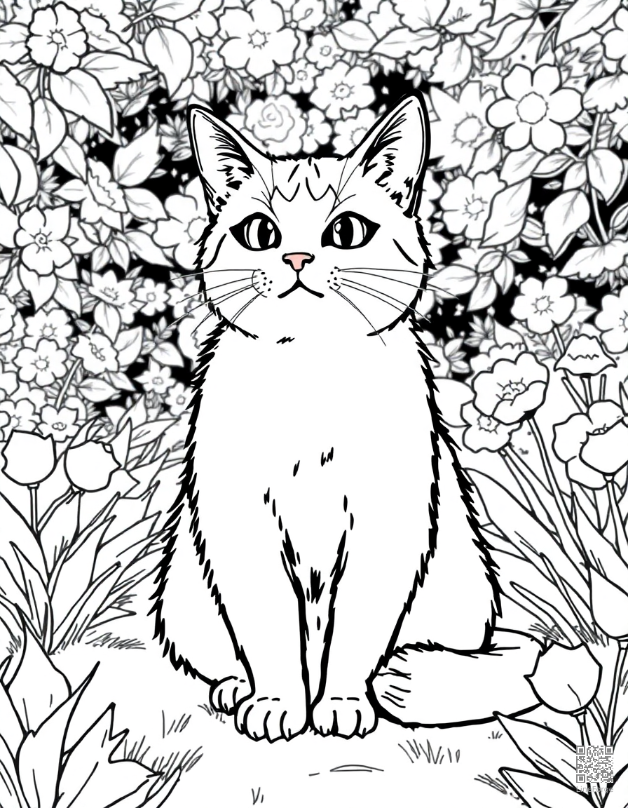 A calico cat sitting in a sunny garden coloring page Manga style - free printable