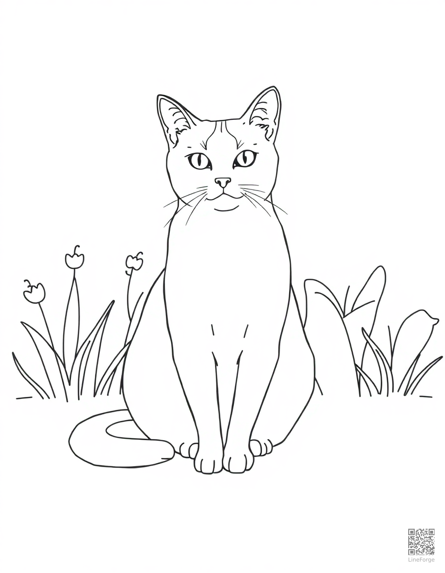 Free a calico cat sitting in a sunny garden coloring page in minimal style — printable line art