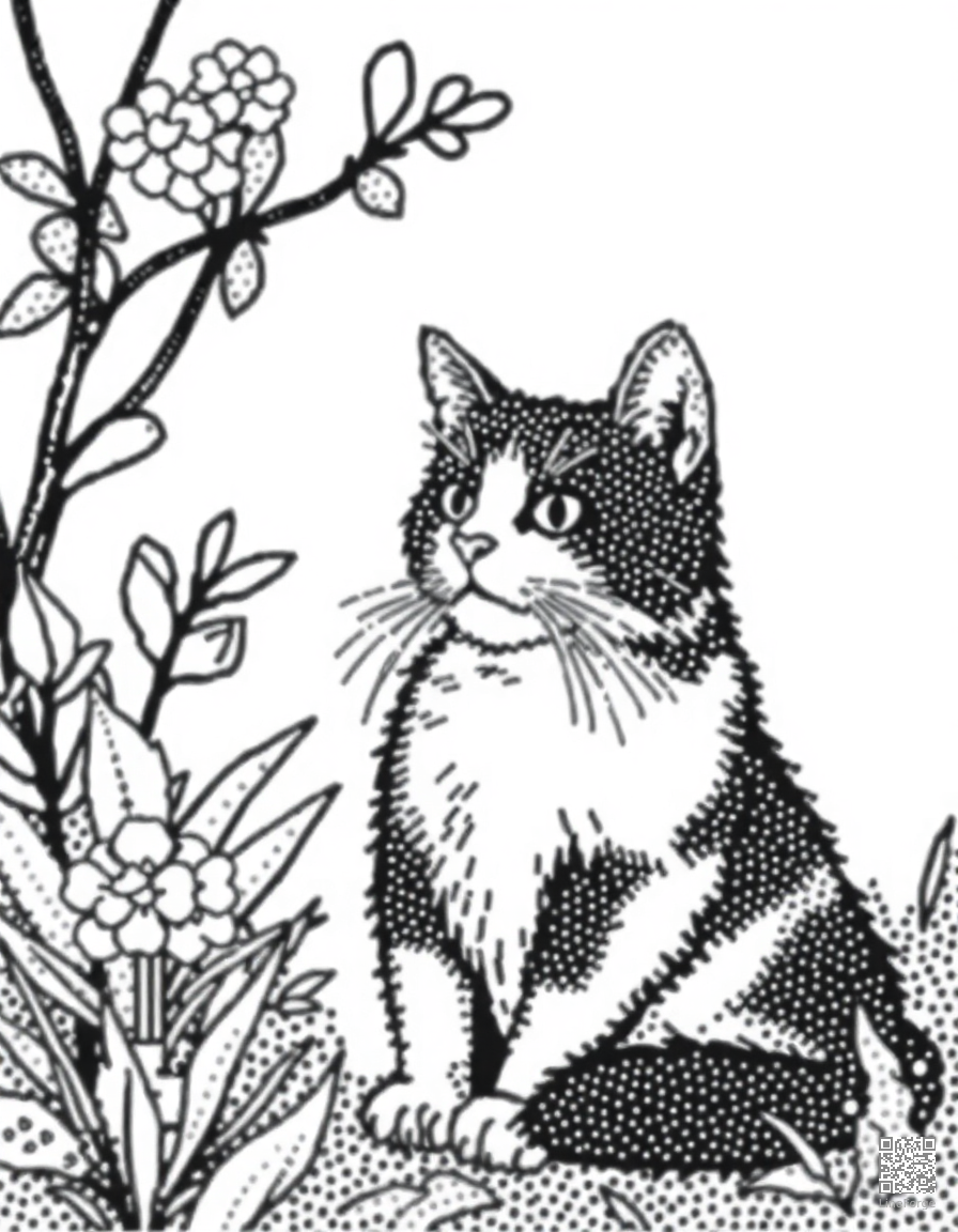 A calico cat sitting in a sunny garden coloring page Stipple style - free printable