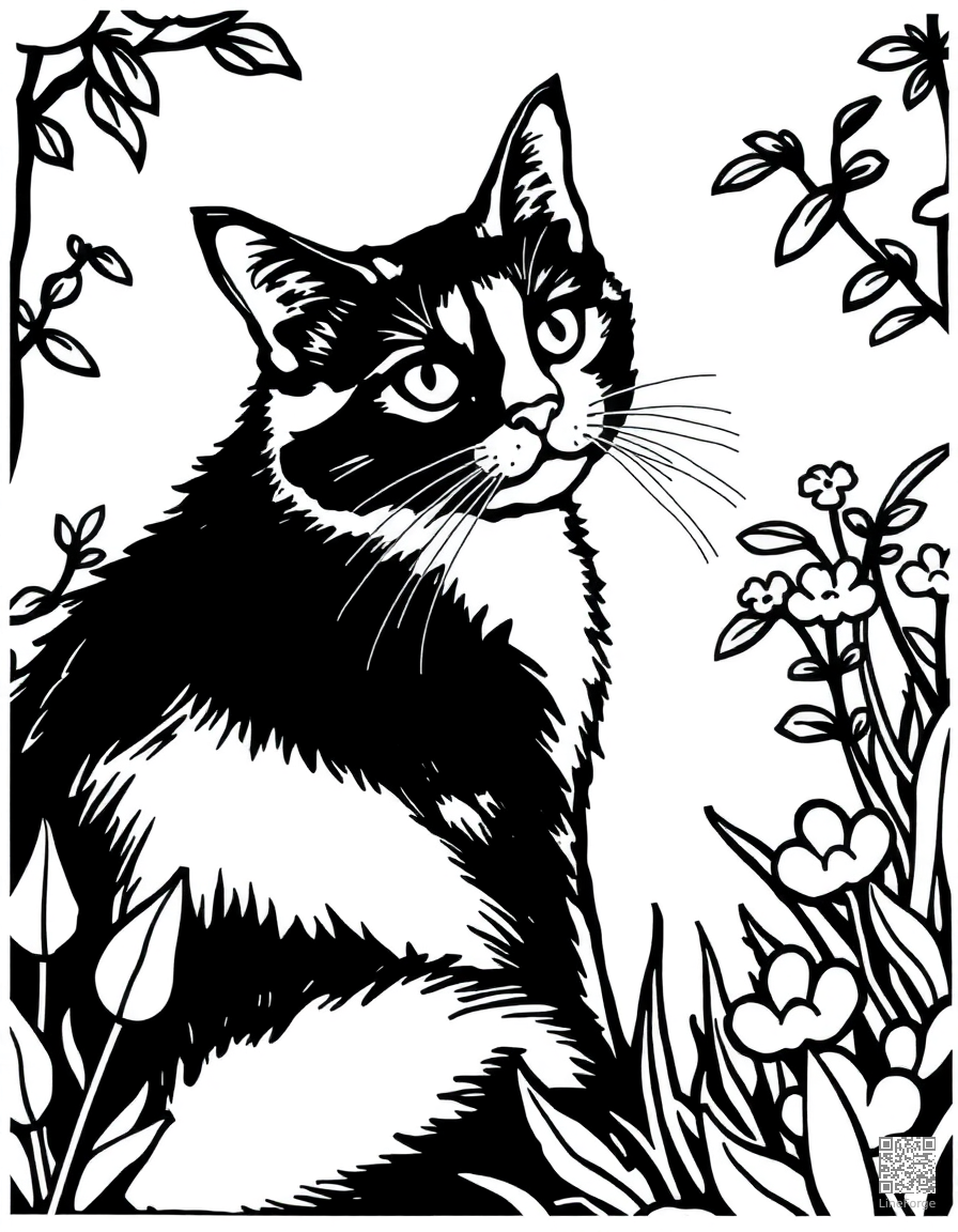 A calico cat sitting in a sunny garden coloring page Woodcut style - free printable