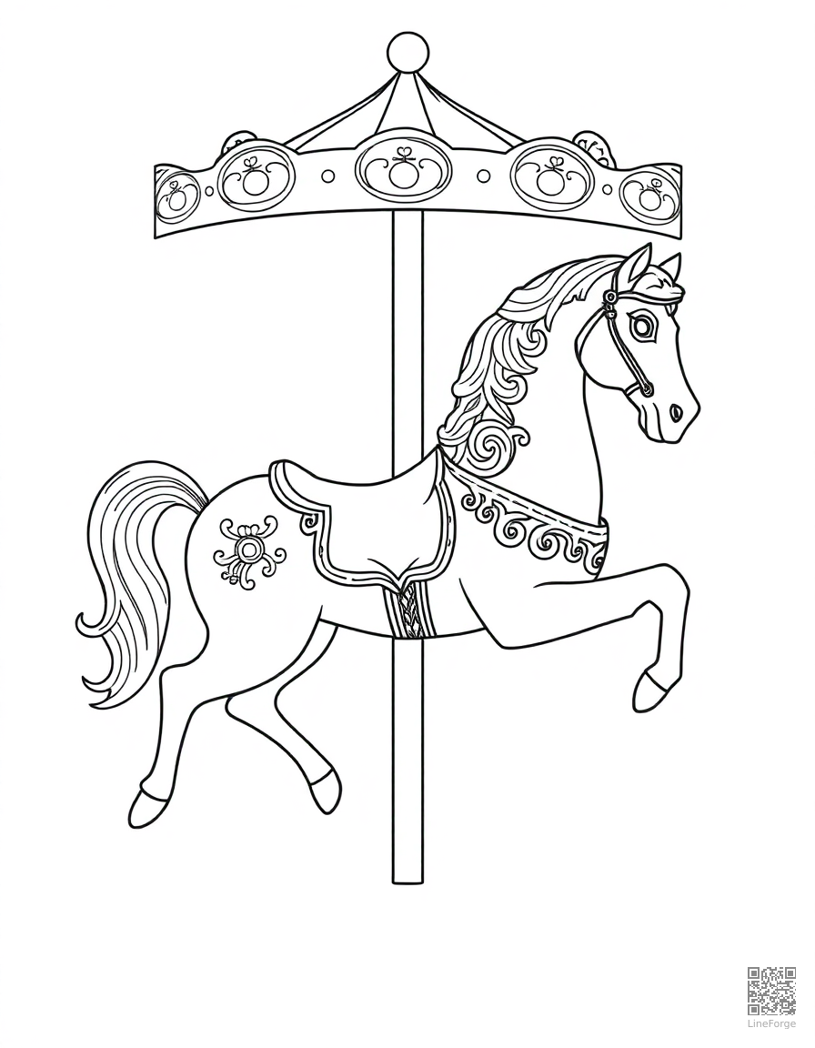 A carousel horse with ornate decorative details coloring page Contour style - free printable