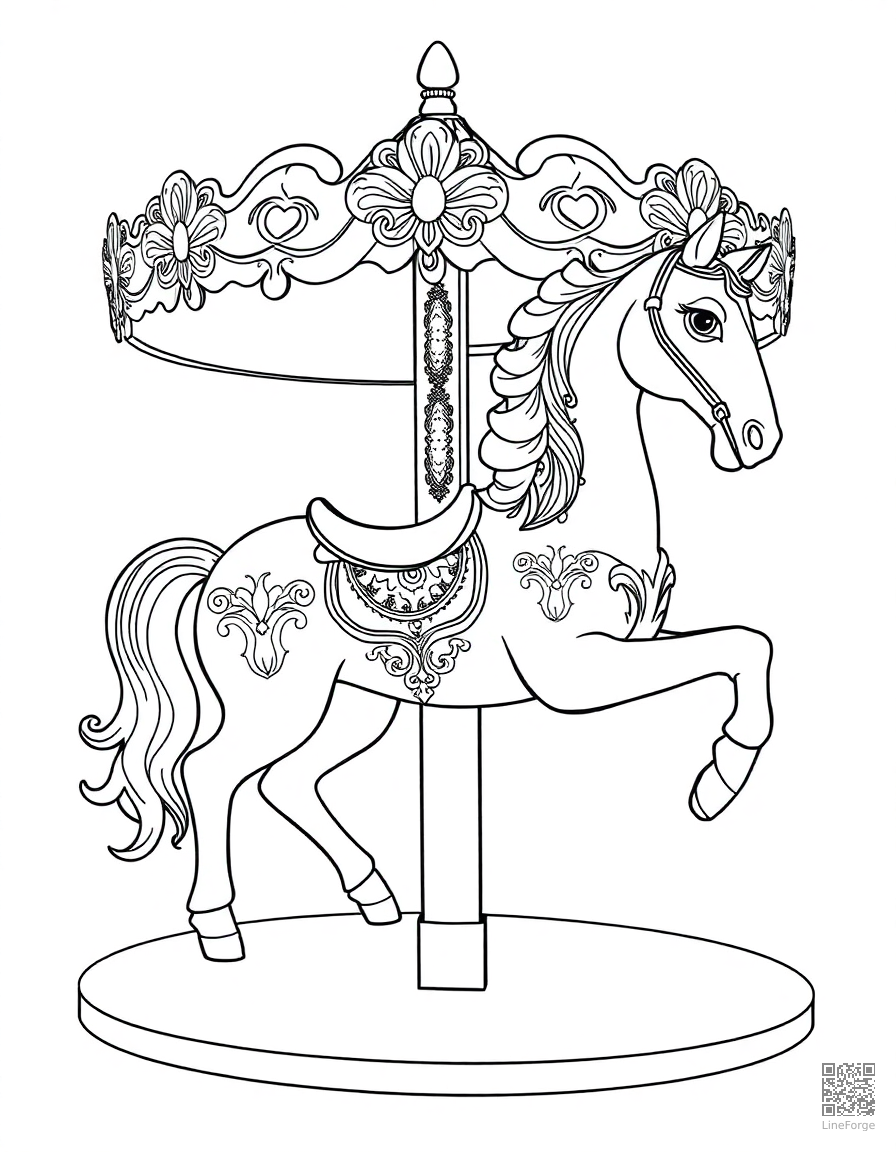 A carousel horse with ornate decorative details coloring page Contour style - free printable
