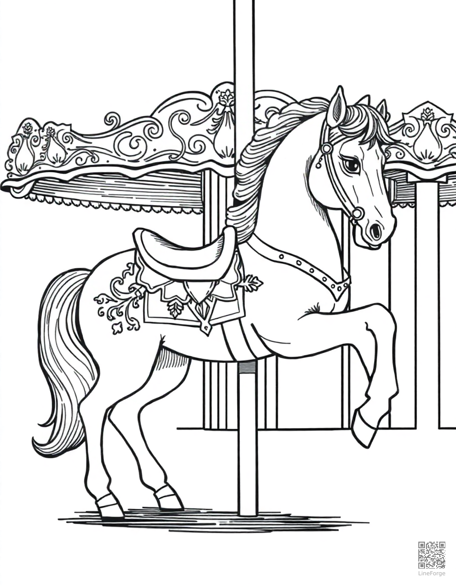 A carousel horse with ornate decorative details coloring page Crosshatch style - free printable