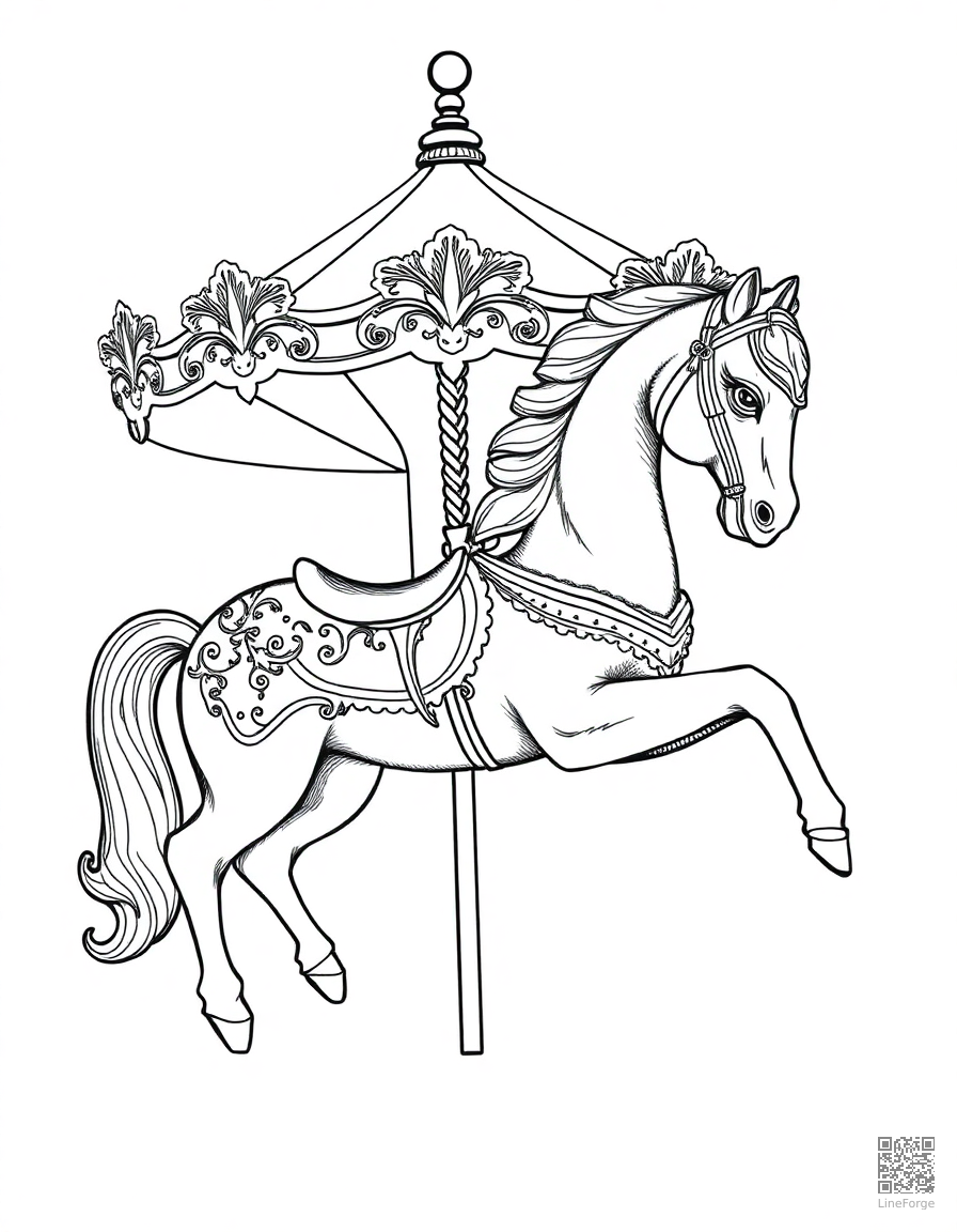 A carousel horse with ornate decorative details coloring page Crosshatch style - free printable