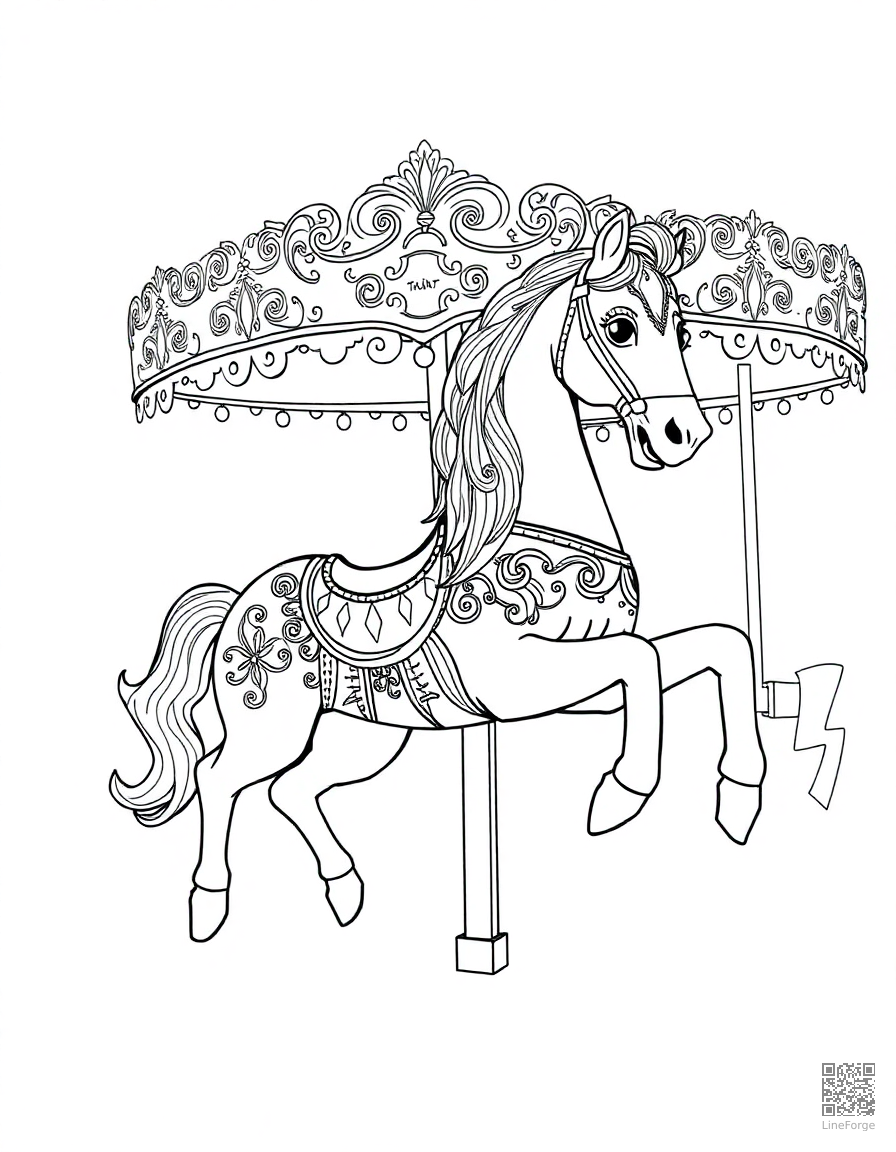 A carousel horse with ornate decorative details coloring page Manga style - free printable