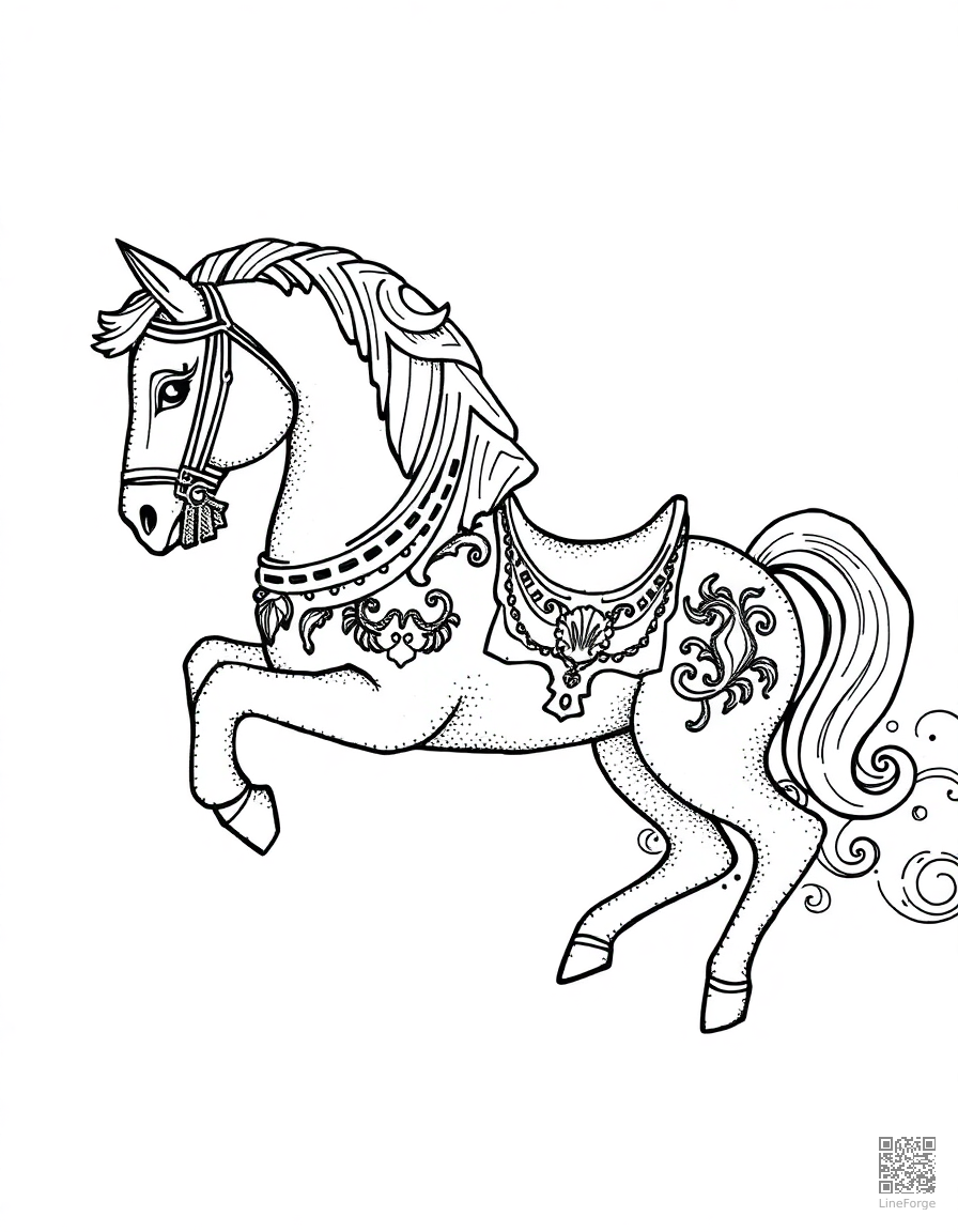 A carousel horse with ornate decorative details coloring page Stipple style - free printable