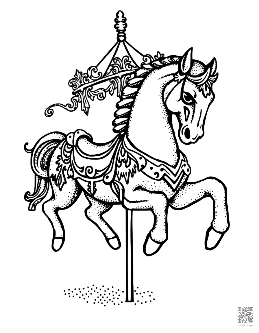 A carousel horse with ornate decorative details coloring page Stipple style - free printable