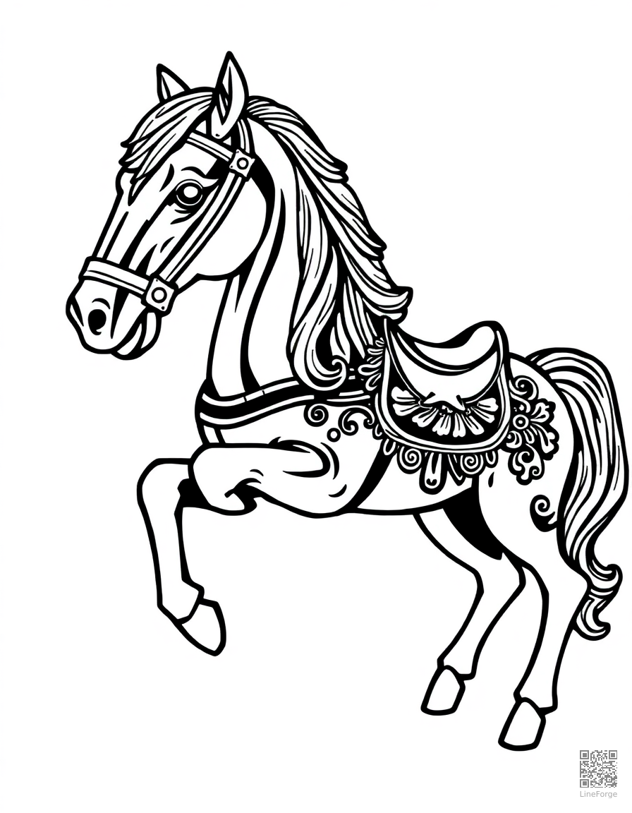 A carousel horse with ornate decorative details coloring page Woodcut style - free printable