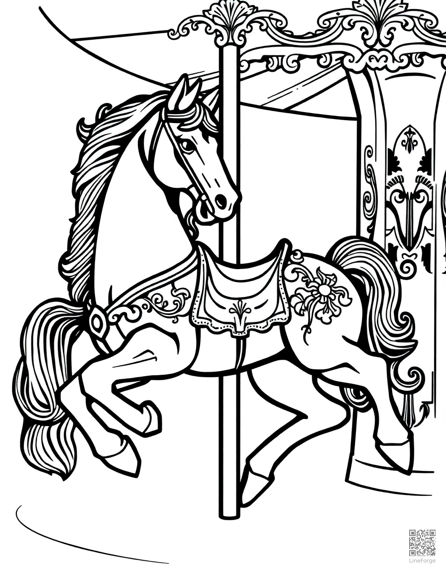 A carousel horse with ornate decorative details coloring page Woodcut style - free printable