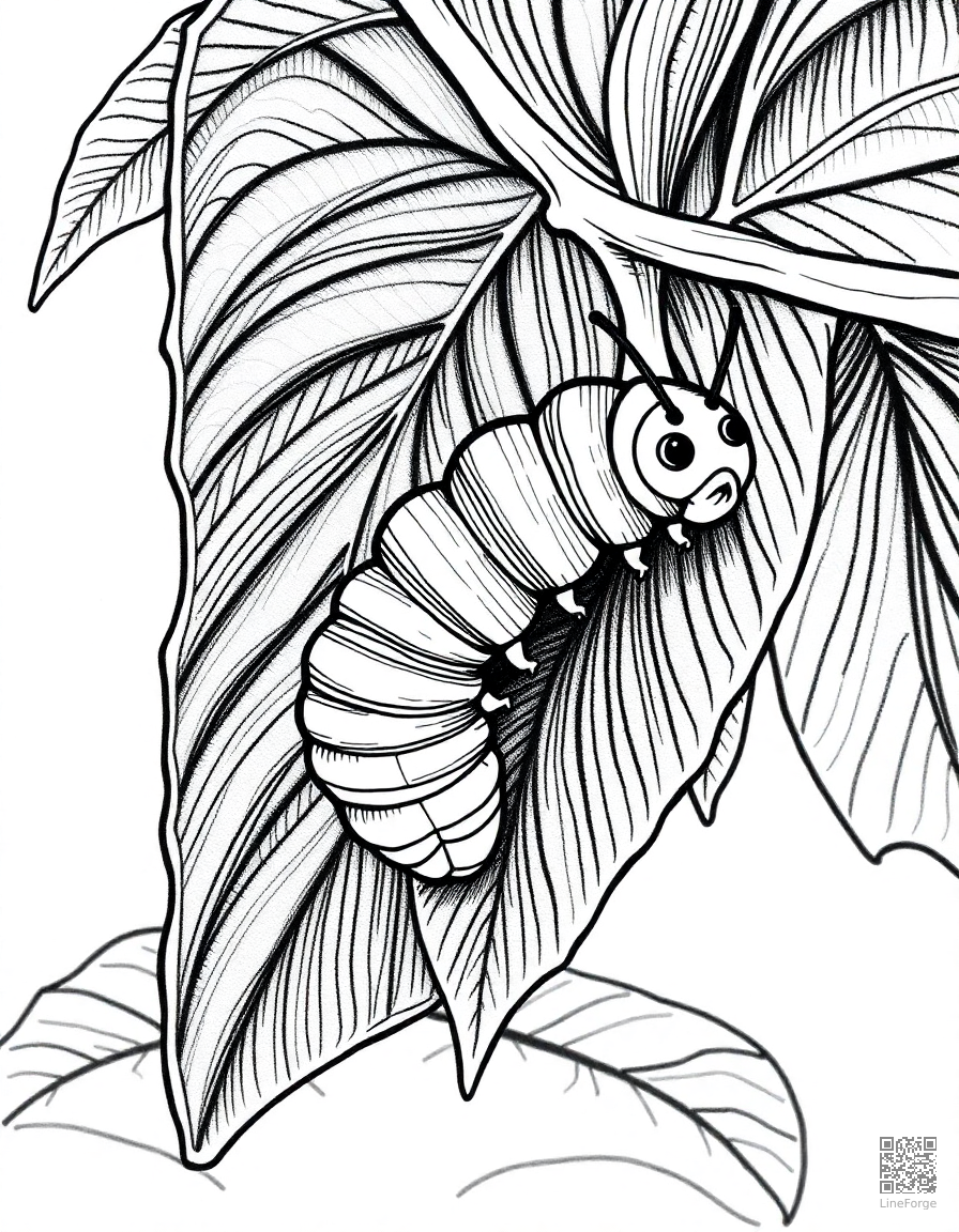 A caterpillar on a leaf about to form a chrysalis coloring page Crosshatch style - free printable