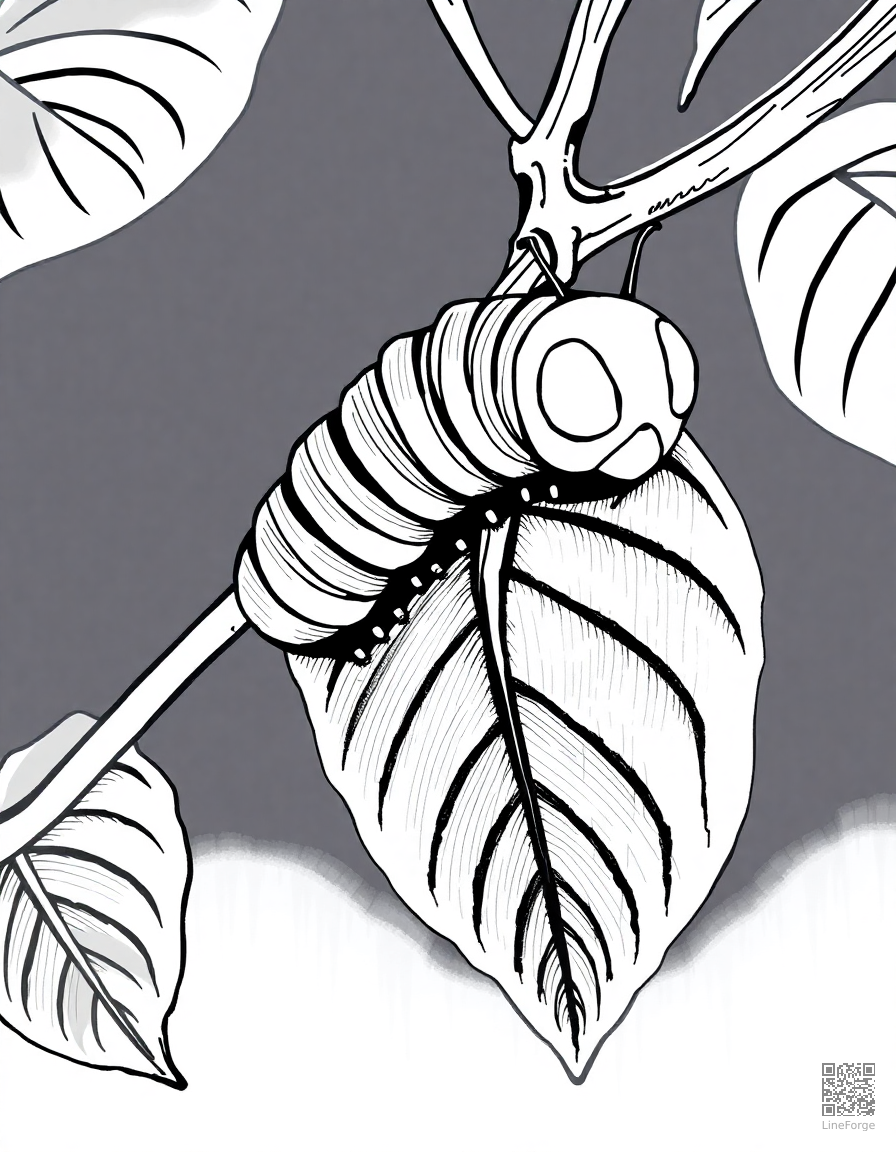 A caterpillar on a leaf about to form a chrysalis coloring page Crosshatch style - free printable