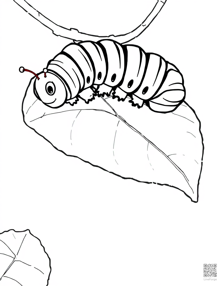 A caterpillar on a leaf about to form a chrysalis coloring page Manga style - free printable