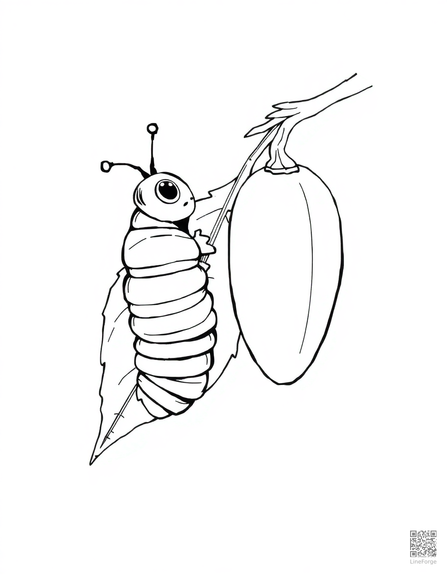 A caterpillar on a leaf about to form a chrysalis coloring page Manga style - free printable