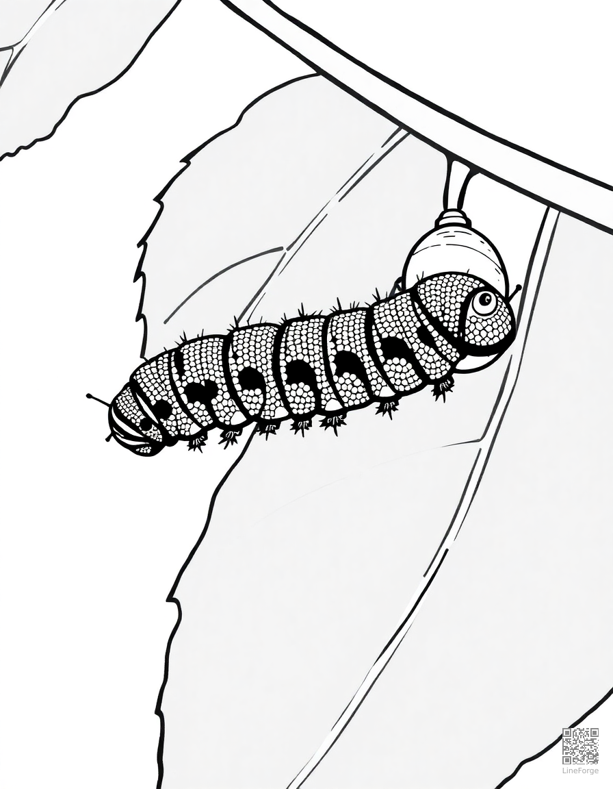 A caterpillar on a leaf about to form a chrysalis coloring page Stipple style - free printable