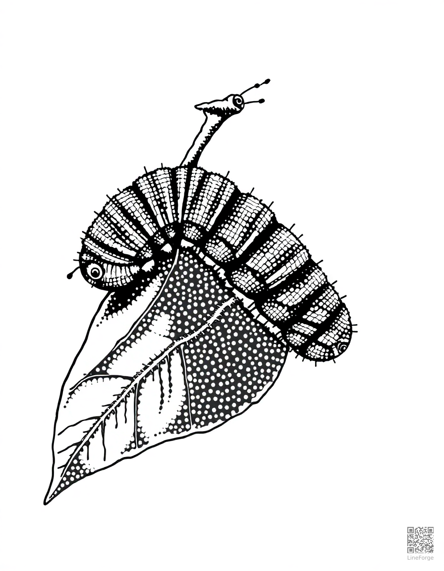 A caterpillar on a leaf about to form a chrysalis coloring page Stipple style - free printable