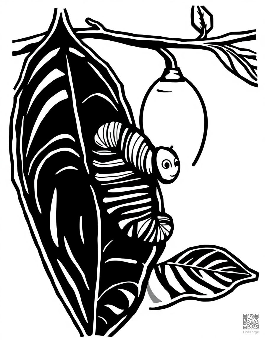 A caterpillar on a leaf about to form a chrysalis coloring page Woodcut style - free printable