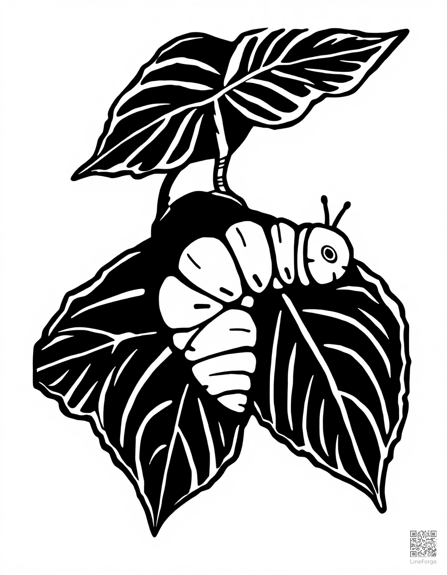 A caterpillar on a leaf about to form a chrysalis coloring page Woodcut style - free printable