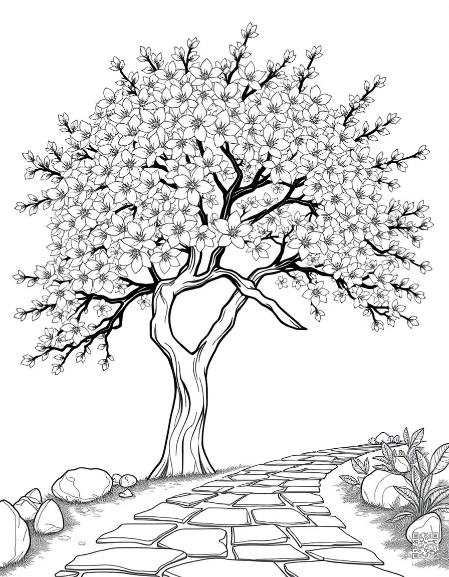 A cherry blossom tree in full bloom over a stone path coloring page Contour style - free printable