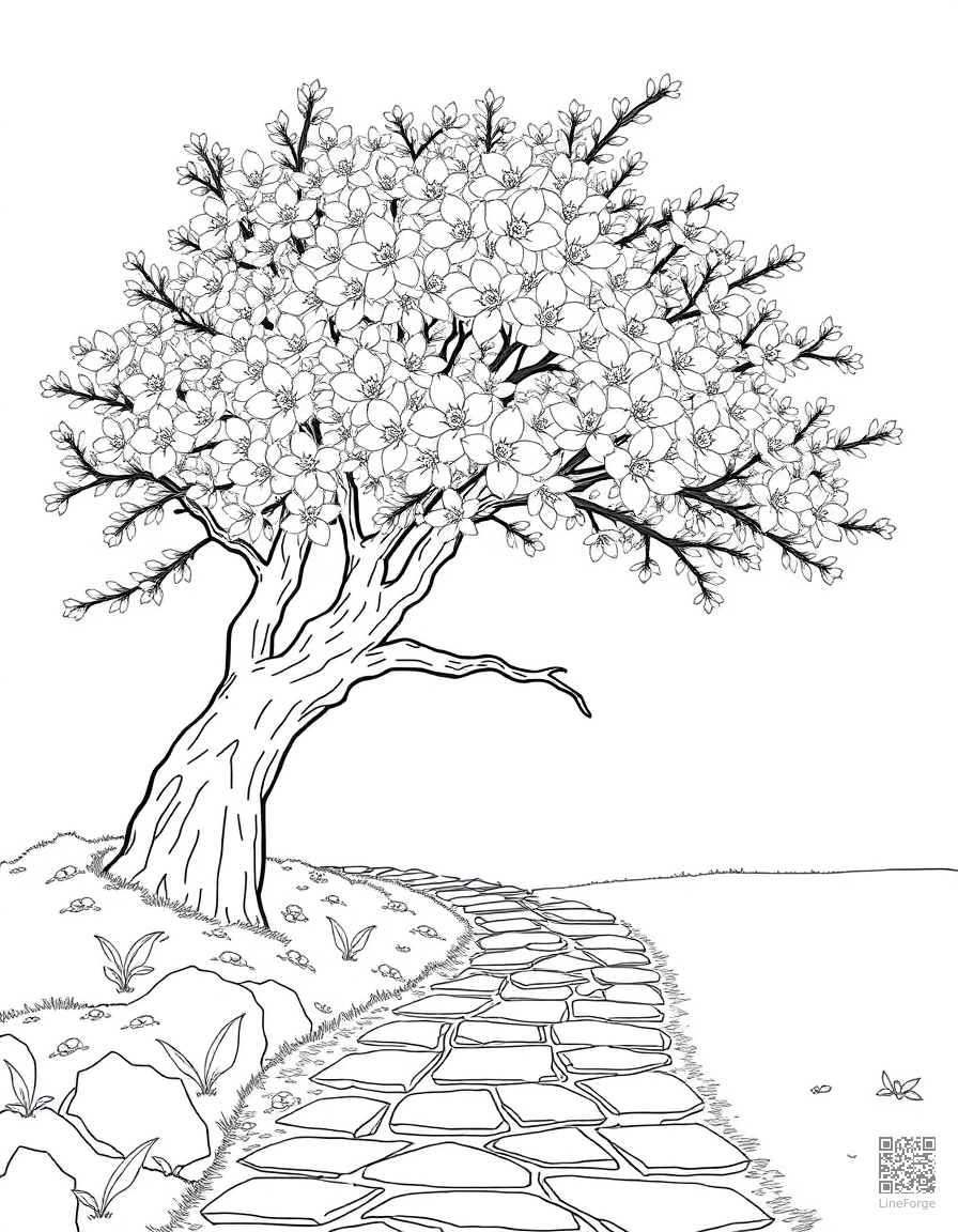 A cherry blossom tree in full bloom over a stone path coloring page Contour style - free printable
