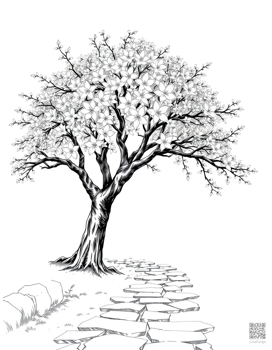 A cherry blossom tree in full bloom over a stone path coloring page Crosshatch style - free printable